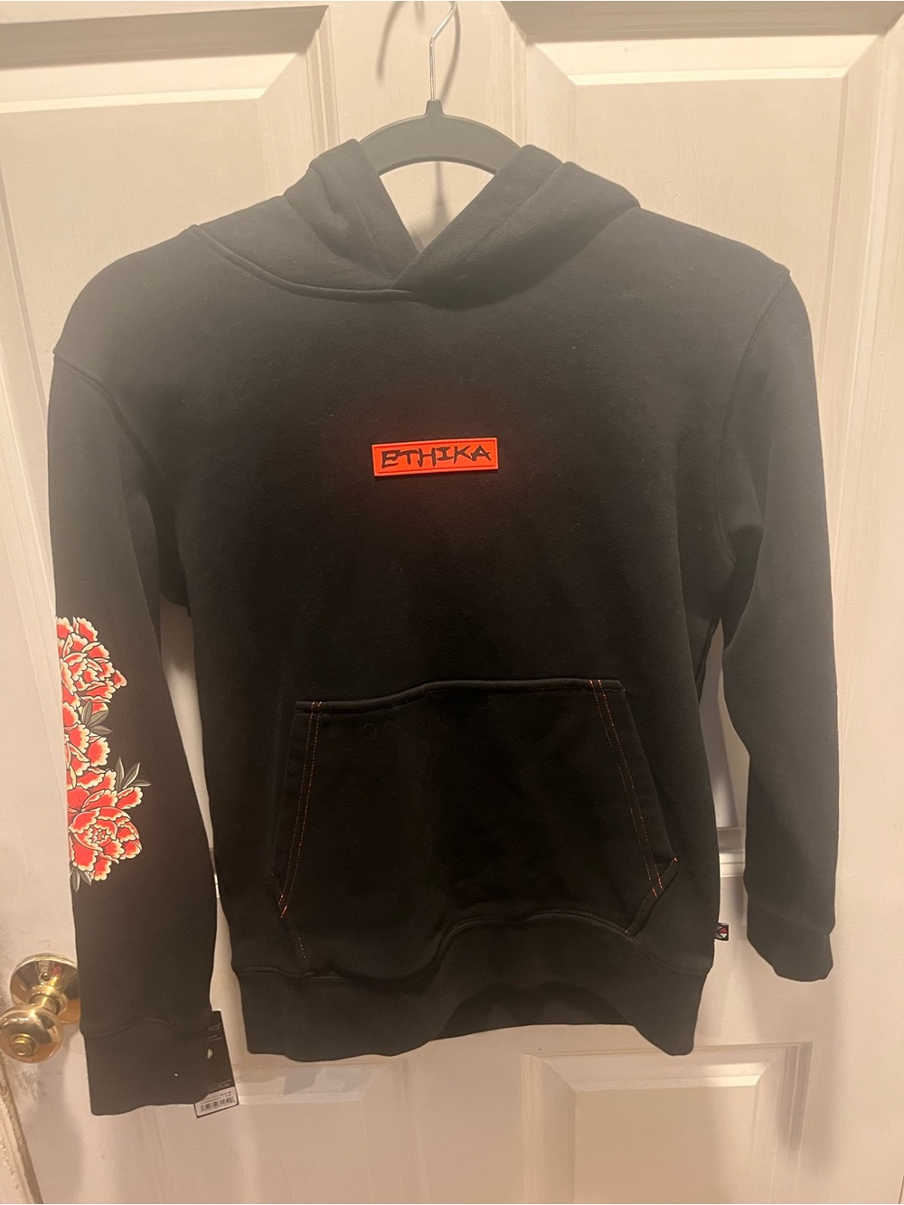 ethika Black Hoodie with Red Logo and Floral Sleeve